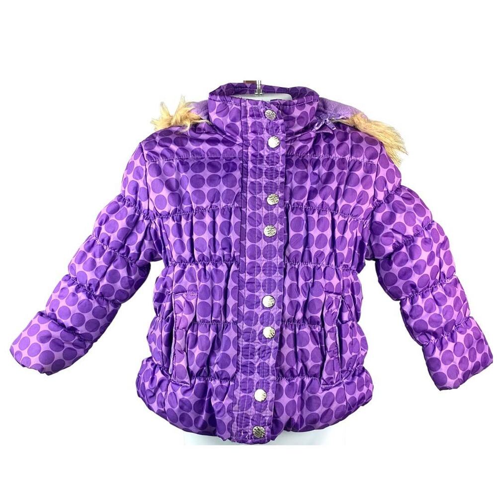 Dollhouse purple polka dot girl's puffer coat faux fur removable hood size 3T